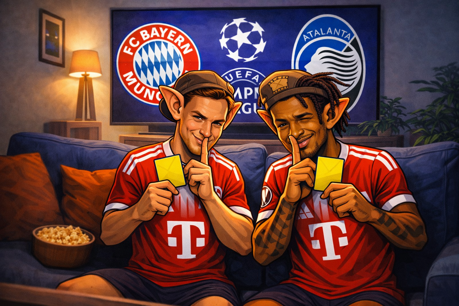 Karikatur von Joshua Kimmich und Michael Olise mit gelben Karten auf einer Couch, während im Fernseher Bayern München gegen Atalanta in der Champions League angezeigt wird.