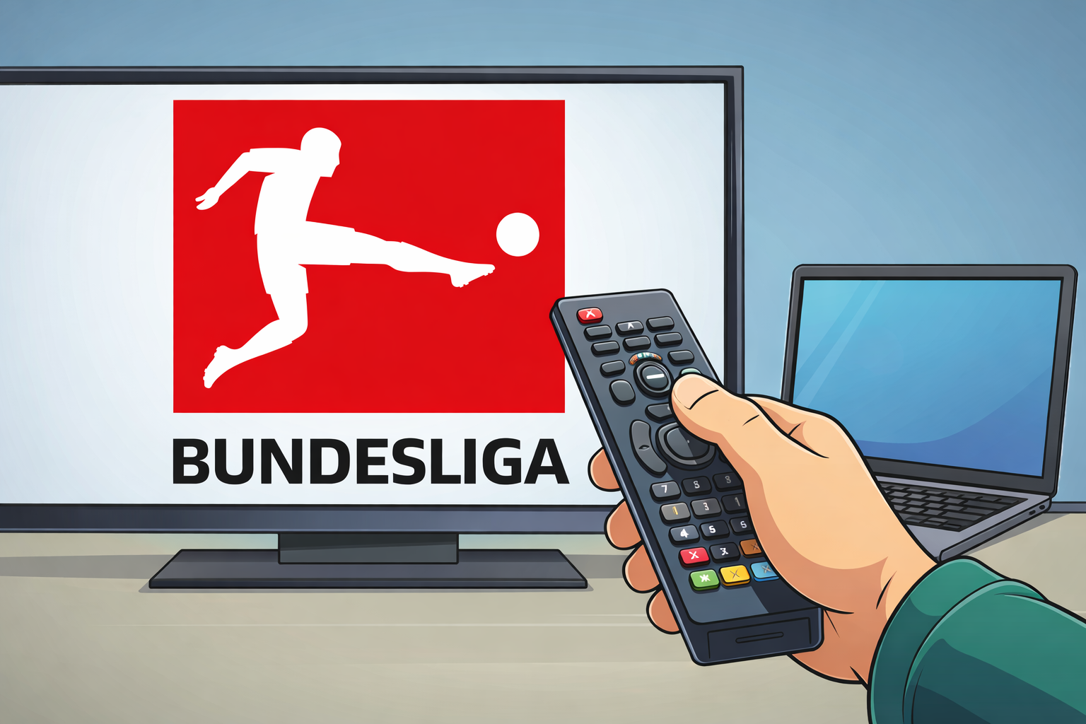 Bundesliga heute live im TV und Livestream – Fernbedienung schaltet Fernseher mit Bundesliga Logo ein