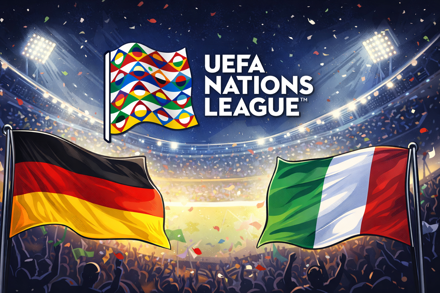 Deutschland gegen Italien in der Nations League: Comic-Stadionszene mit Deutschland- und Italien-Flagge sowie Nations-League-Logo, symbolisch für das dramatische 3:3 im Viertelfinal-Rückspiel in Dortmund