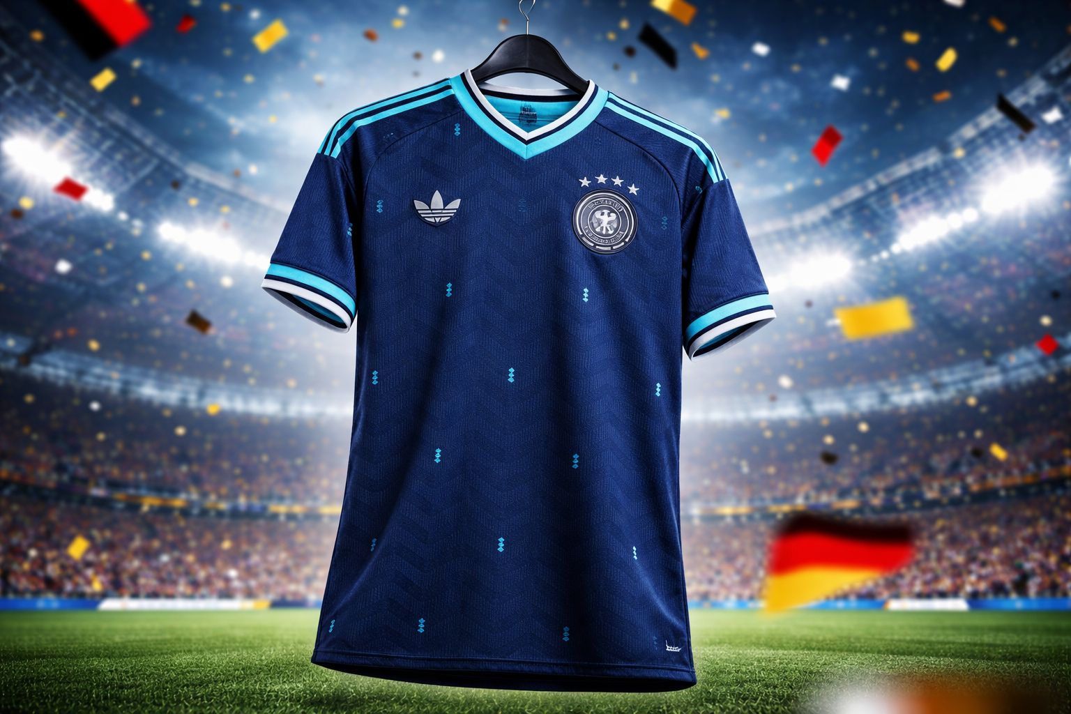 DFB Auswärtstrikot 2026 in Dunkelblau mit türkisen Details von Adidas für die deutsche Nationalmannschaft zur WM 2026