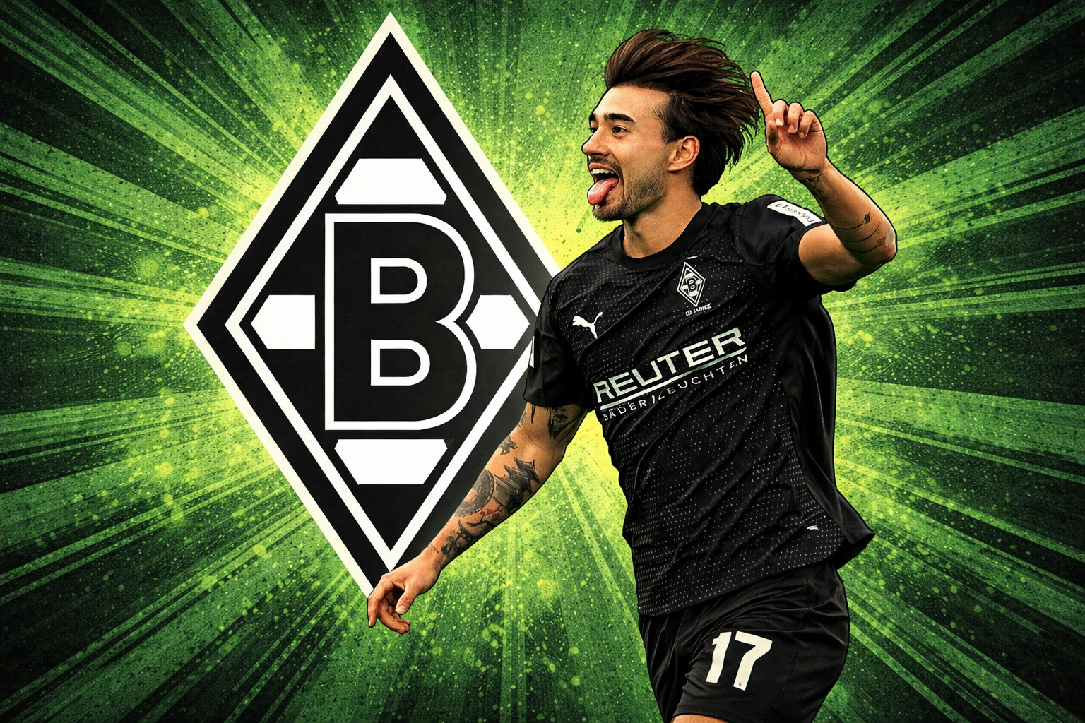 Comic-Illustration von Jens Castrop im Trikot von Borussia Mönchengladbach beim Torjubel vor Gladbach-Logo