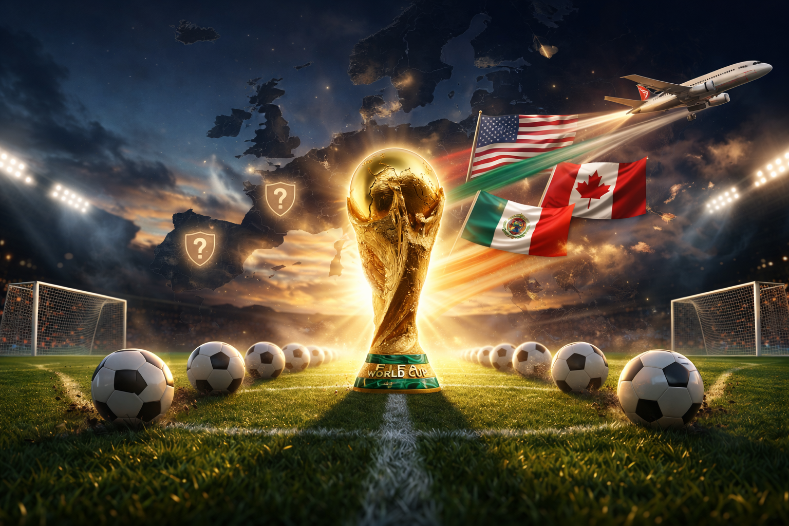 FIFA WM 2026 Pokal im Stadion mit Europa-Karte im Hintergrund, Symbolbild für die europäischen Playoffs und den Weg zur Weltmeisterschaft in den USA, Mexiko und Kanada.