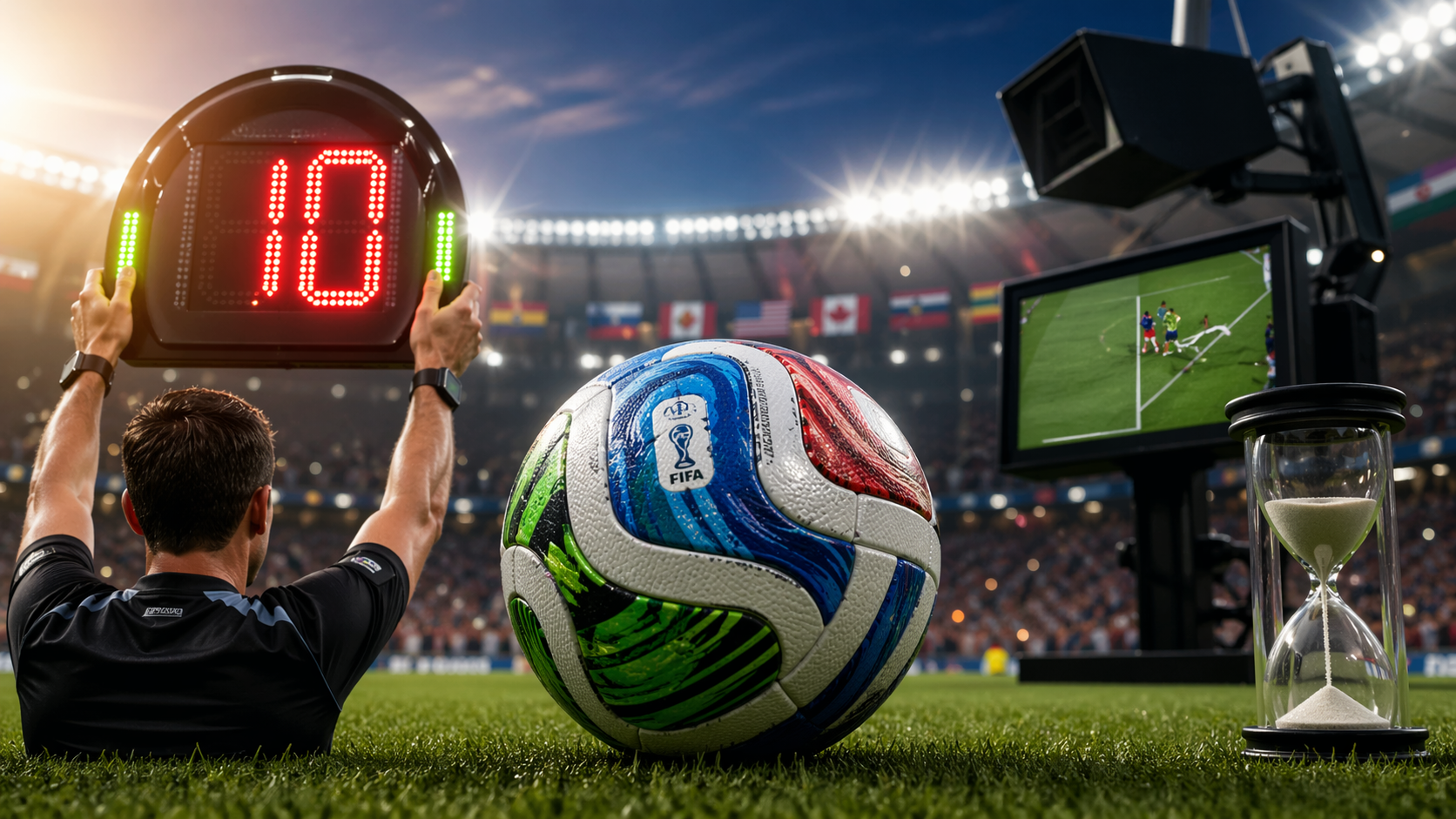 Schiedsrichter zeigt Wechseltafel mit 10 Sekunden im Stadion, Fußball und Sanduhr symbolisieren neue Zeitspiel-Regeln bei der WM 2026