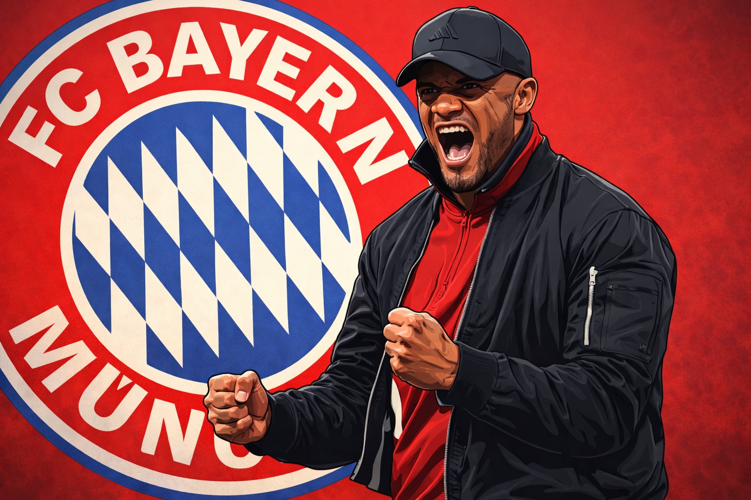 Vincent Kompany als Bayern-Trainer im Comicstil vor dem Logo des FC Bayern München