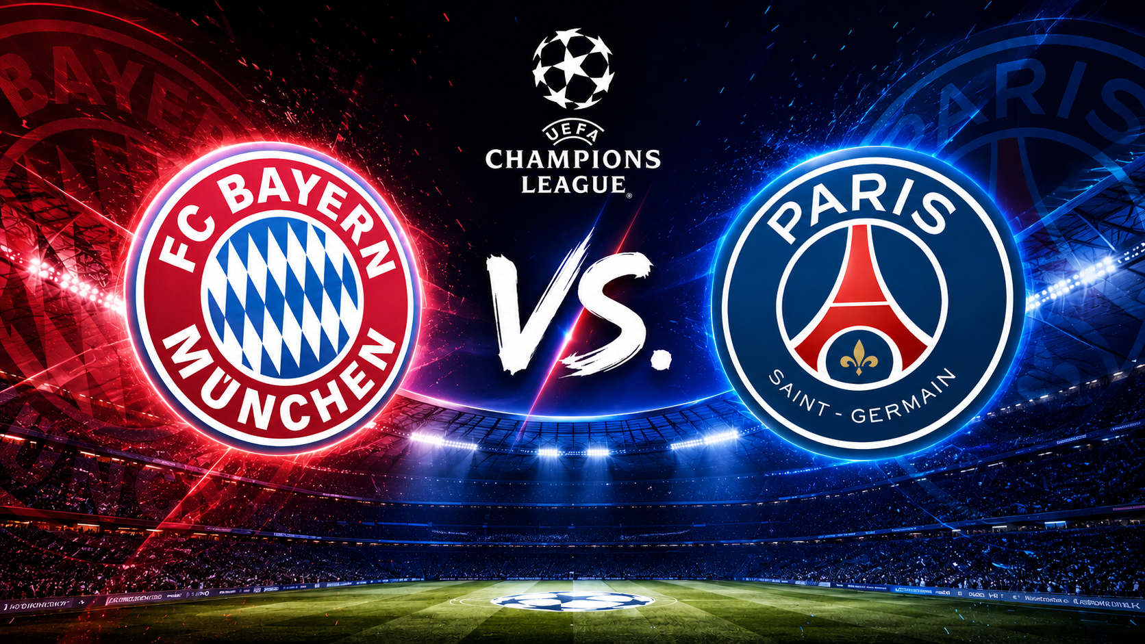 Champions-League-Duell zwischen dem FC Bayern München und Paris Saint-Germain mit beiden Vereinslogos vor beleuchtetem Stadionhintergrund