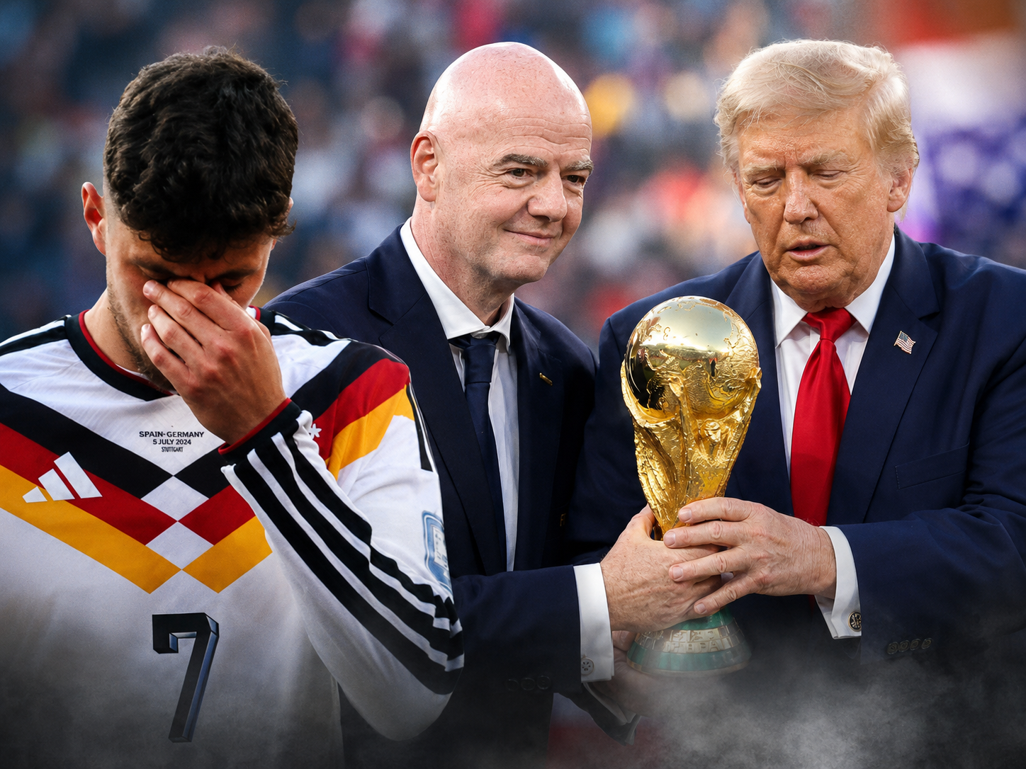 Donald Trump und Gianni Infantino bei der WM 2026, daneben ein enttäuschter deutscher Nationalspieler nach dem Ausscheiden gegen Paraguay.