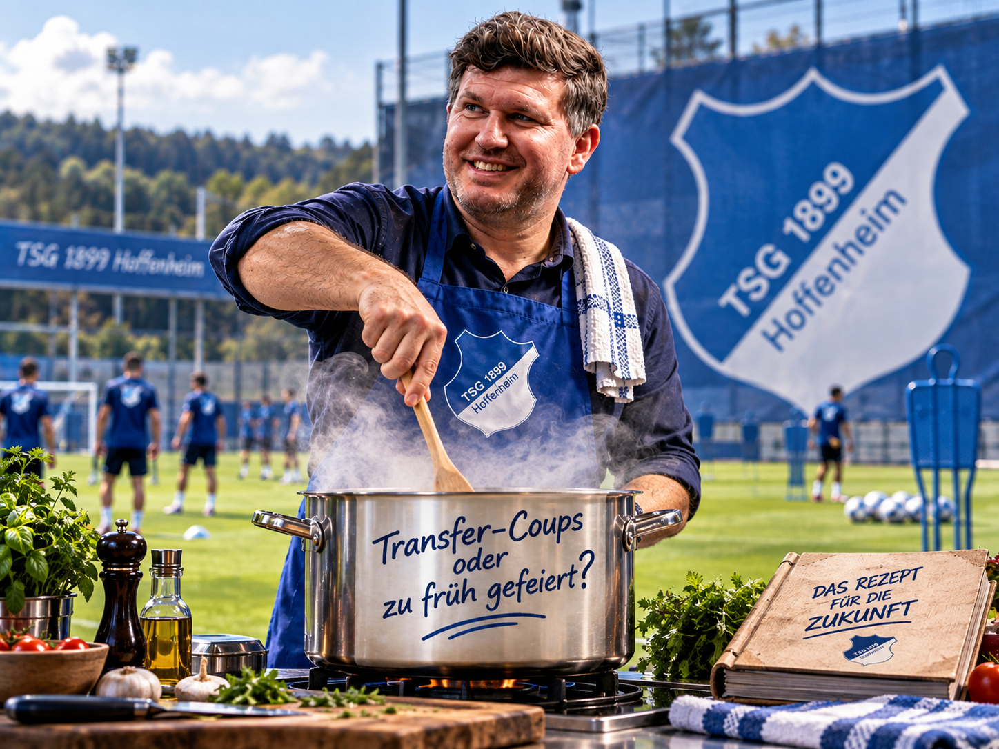 Andreas Schicker kocht auf dem Trainingsplatz der TSG Hoffenheim an einem Topf mit der Aufschrift „Transfer-Coups oder zu früh gefeiert?“