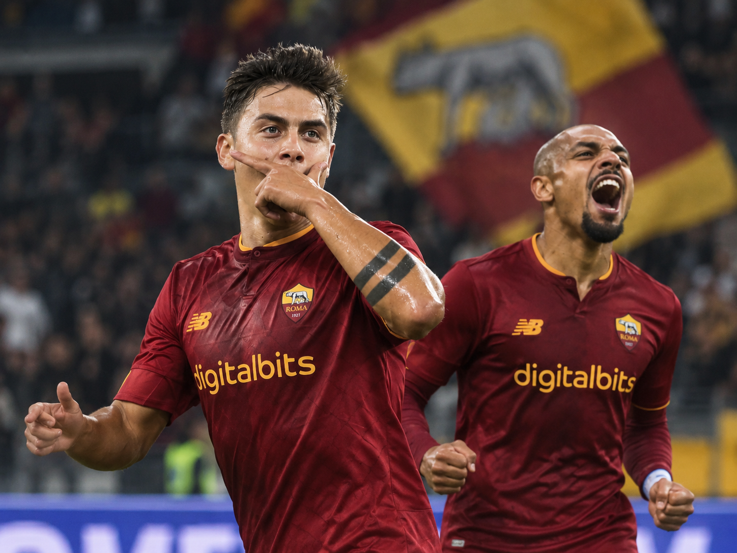 AS Roma Spieler feiern im Trikot den erfolgreichen Saisonstart und träumen vom Scudetto