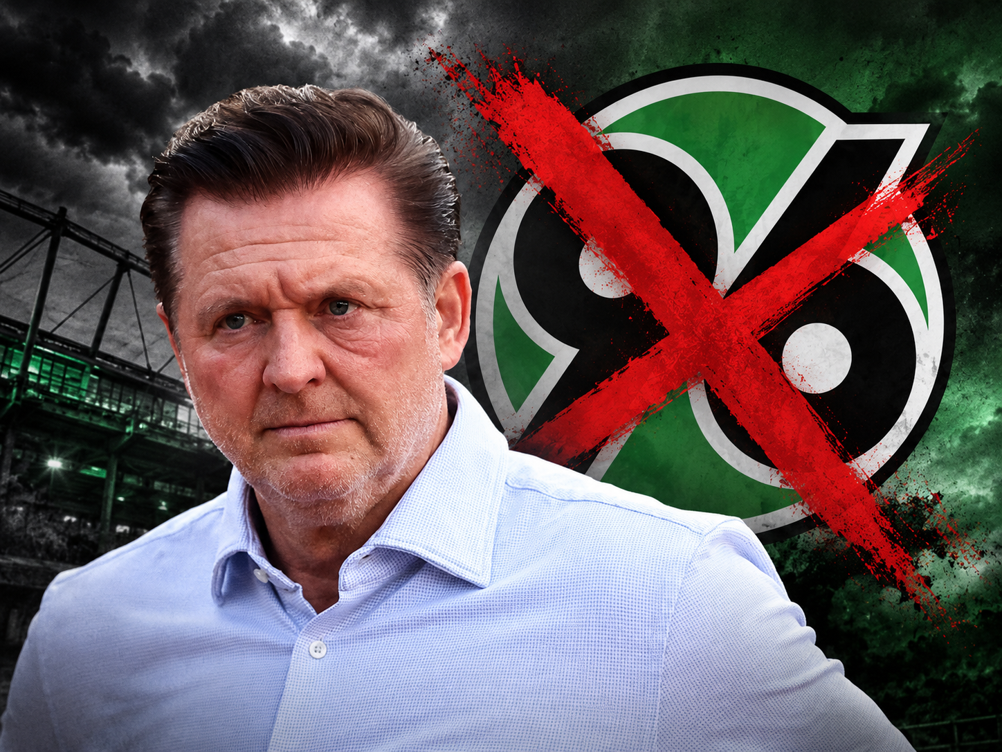 Christian Titz vor dem durchgestrichenen Hannover-96-Logo nach seiner Trainerentlassung