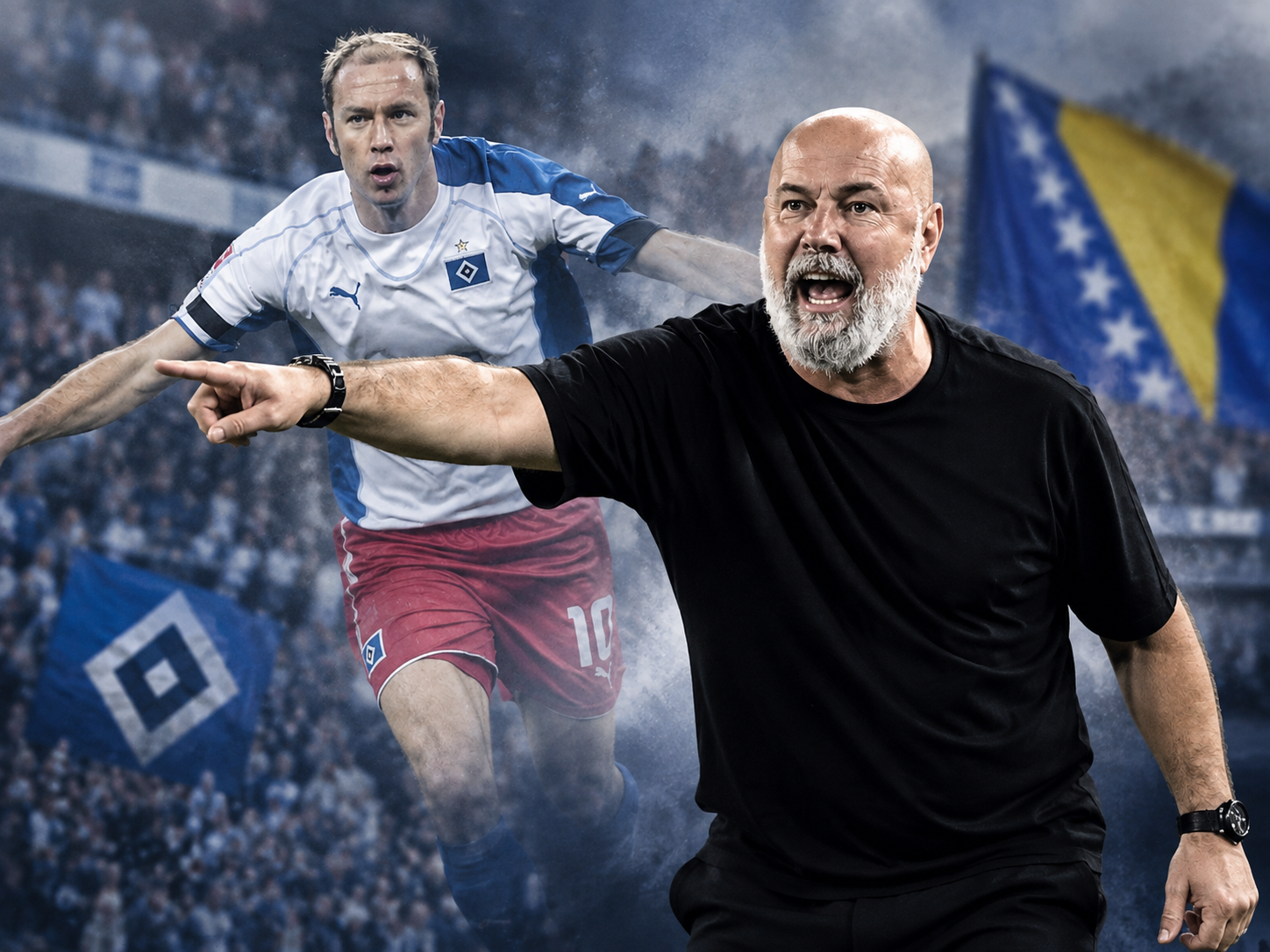 Sergej Barbarez als Trainer und in seiner aktiven Zeit als HSV-Spieler im Fußballstadion.