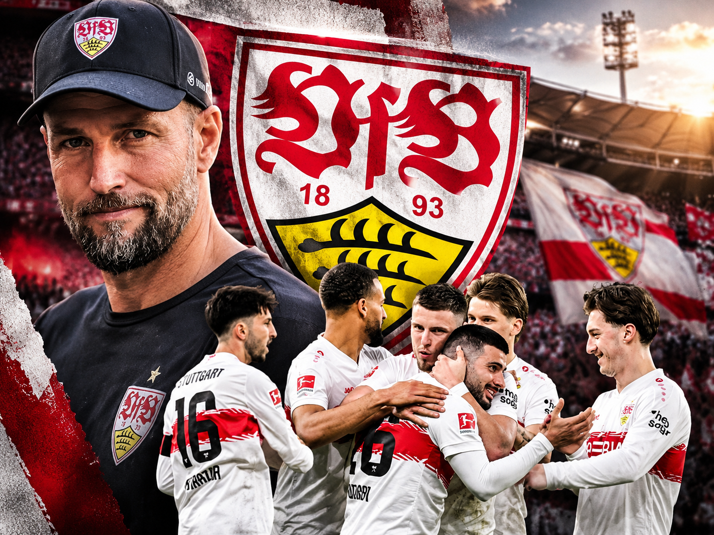 VfB Stuttgart mit Trainer Sebastian Hoeneß und jubelnden Spielern